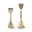 Hand-forged metal taper candle holders in two sizes with an antique silver finish, slender stems, and flared bases.