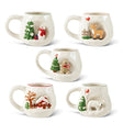 Five cream ceramic mugs with raised holiday scenes featuring a snowman, deer, gingerbread person, snowy cottage, and polar bear