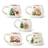 Five cream ceramic mugs with raised holiday scenes featuring a snowman, deer, gingerbread person, snowy cottage, and polar bear