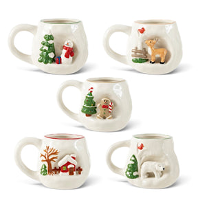 Five cream ceramic mugs with raised holiday scenes featuring a snowman, deer, gingerbread person, snowy cottage, and polar bear