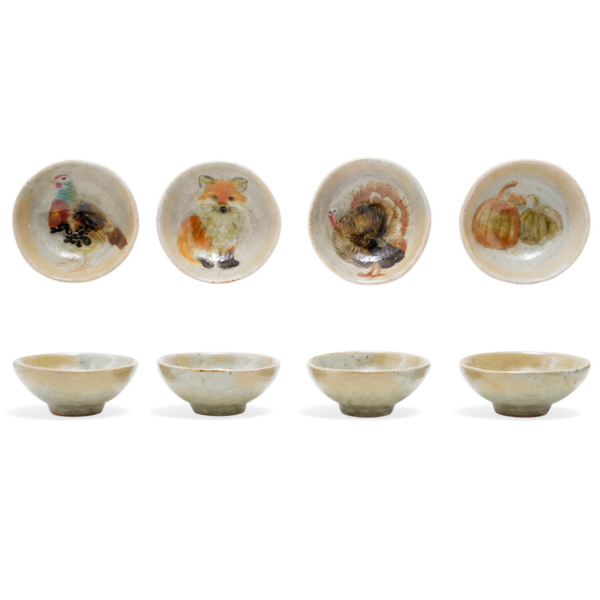 Hand-painted ceramic animal and pumpkin dish with reactive crackle glaze