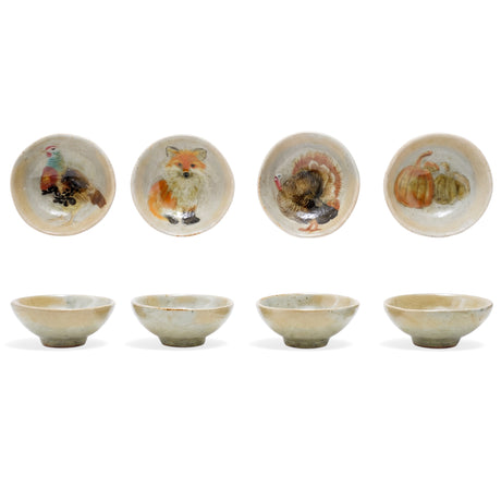 Hand-painted ceramic animal and pumpkin dish with reactive crackle glaze