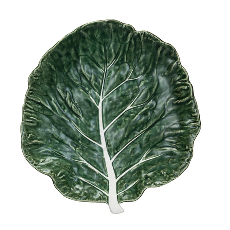 Hand-painted stoneware plate in the shape of a cabbage leaf