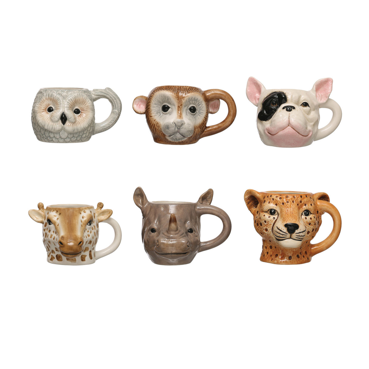 six hand-painted ceramic animal mugs featuring owl, monkey, bulldog, giraffe, rhinoceros, and cheetah designs, crafted from dolomite by Creative Co-Op