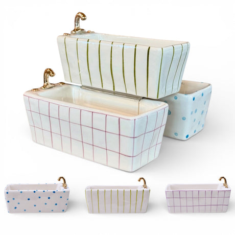 hand painted stoneware bathtub trinket dish with gold faucet detail