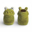 Green hand-painted ceramic frog vase with wide eyes used as a whimsical decorative planter or shelf accent