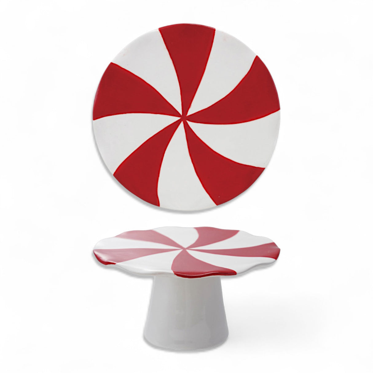 Red and white hand-painted ceramic peppermint candy pedestal