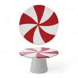 Red and white hand-painted ceramic peppermint candy pedestal