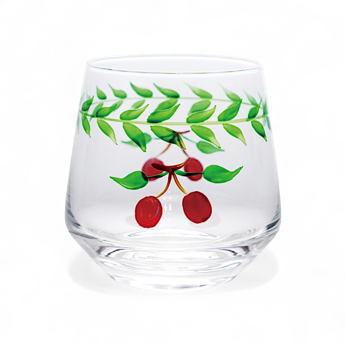 12 oz clear glass with hand-painted cherries and green leaves