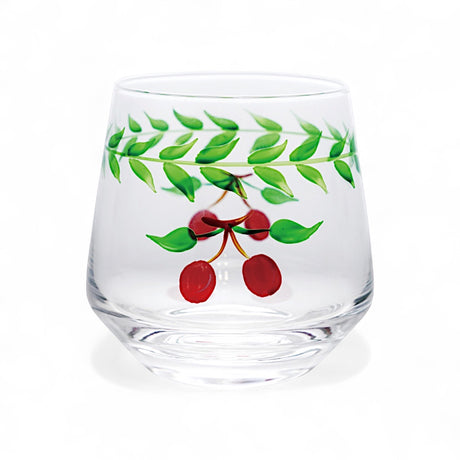 12 oz clear glass with hand-painted cherries and green leaves