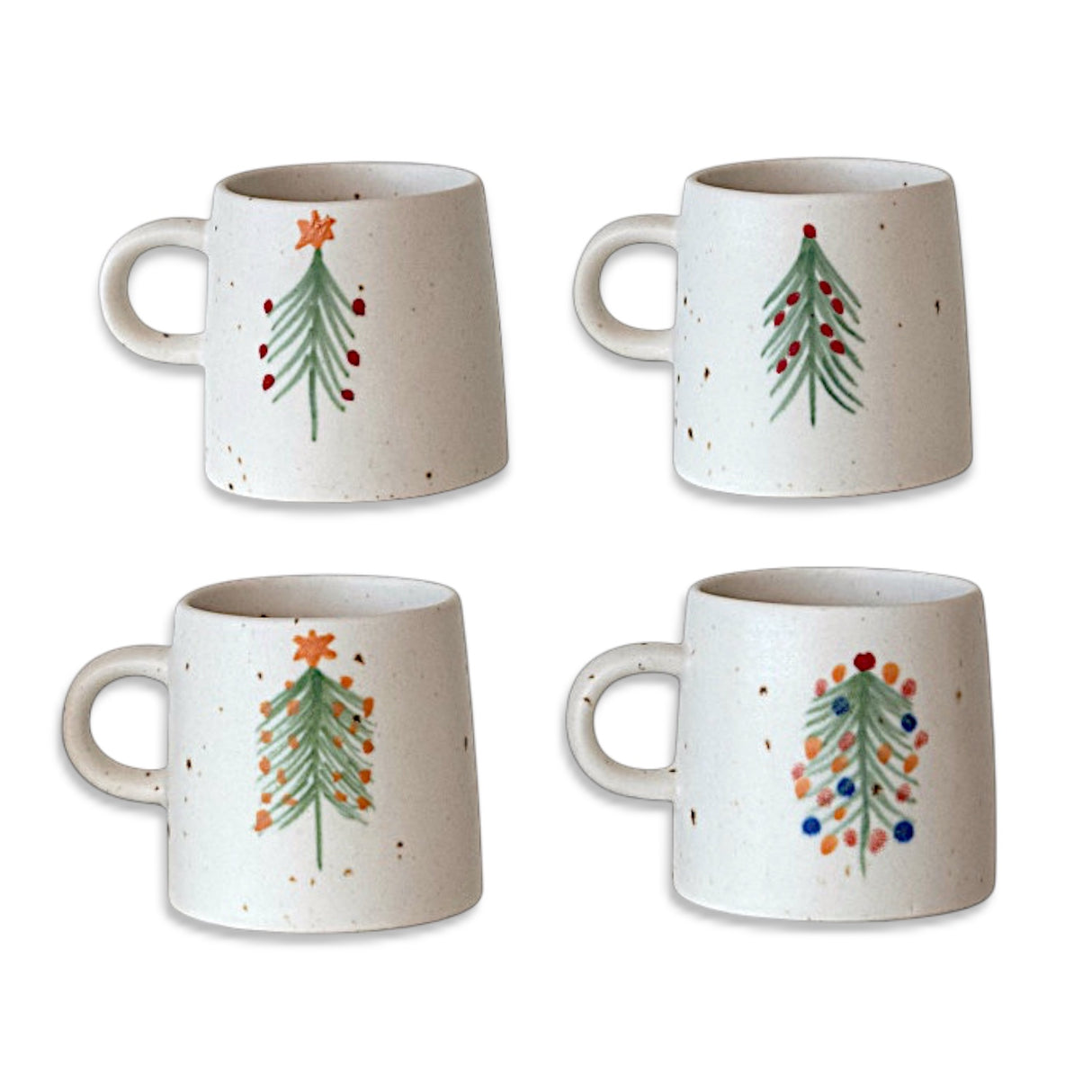 Hand-painted stoneware mug with Christmas tree design, speckled finish, four styles
