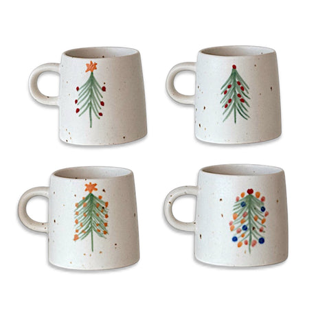 Hand-painted stoneware mug with Christmas tree design, speckled finish, four styles