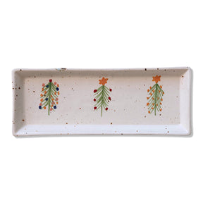 Hand-painted stoneware platter with Christmas tree designs on speckled background