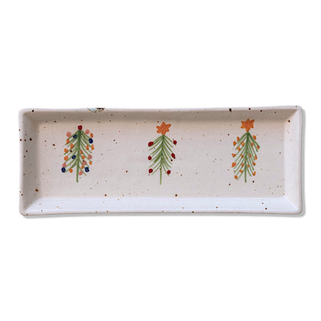 Hand-painted stoneware platter with Christmas tree designs on speckled background