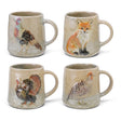 Hand-painted fall ceramic mugs with pheasant, fox, turkey, and quail designs