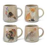 Hand-painted fall ceramic mugs with pheasant, fox, turkey, and quail designs