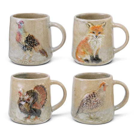 Hand-painted fall ceramic mugs with pheasant, fox, turkey, and quail designs