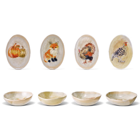Hand-painted fall ceramic dishes with pumpkin, fox, turkey, and pheasant designs