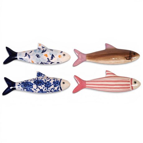 ceramic fish wall decor hand painted coastal fish wall art blue floral striped fish decor
