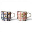 hand painted ceramic mug with grid pattern and botanical design for coffee, tea, and everyday kitchen use