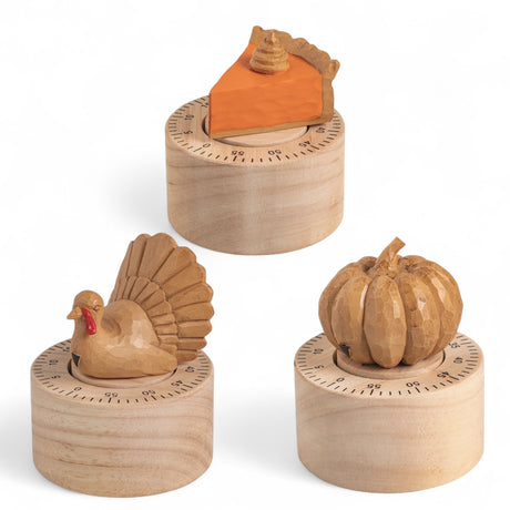Hand-painted resin kitchen timers in pumpkin, turkey, and pie styles