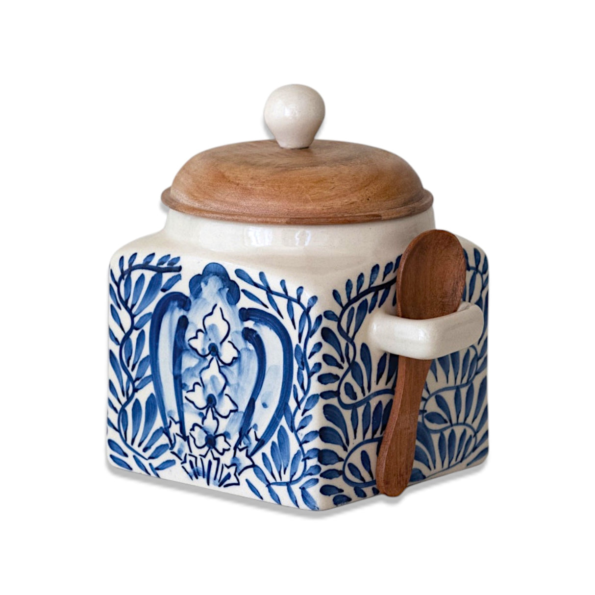 Hand-painted blue and cream stoneware canister with acacia wood lid and spoon, set of two.