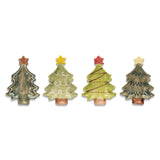 Four hand-painted stoneware Christmas tree dishes with star toppers
