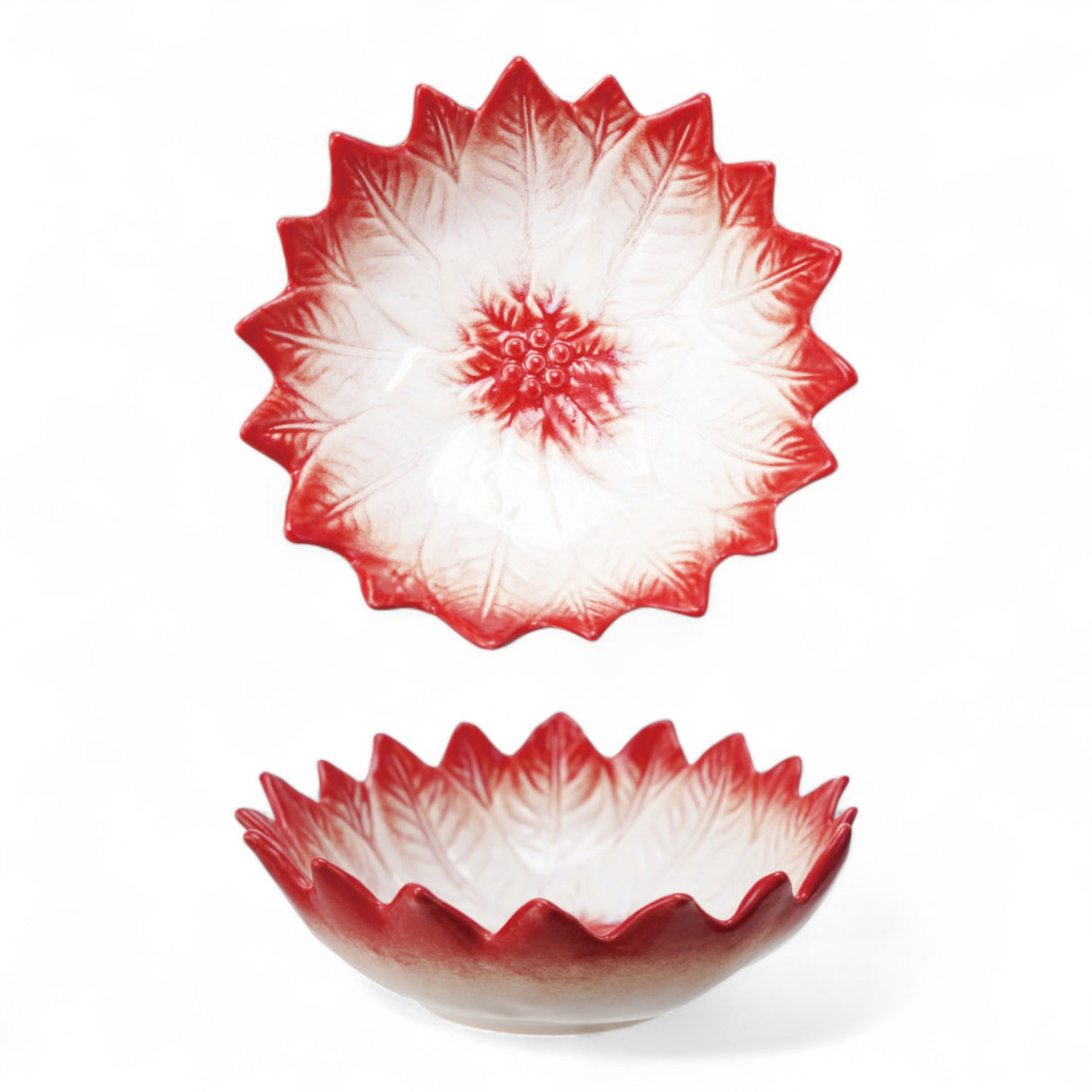 Red and white hand-painted stoneware poinsettia-shaped bowl