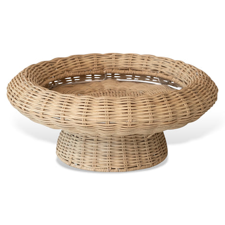 14" hand-woven rattan pedestal bowl with natural finish, featuring an elevated woven design