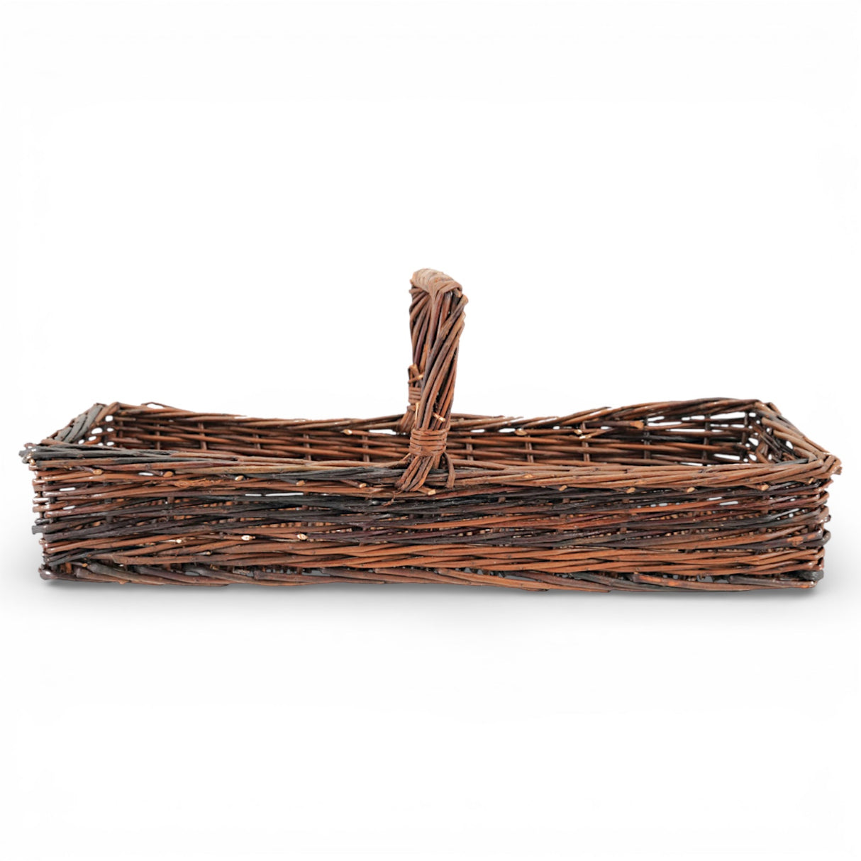 hand woven reed market basket with handle for kitchen counter or farmhouse table styling