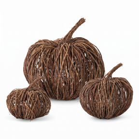 Handcrafted brown woven rattan vine pumpkins available in three sizes for natural fall home decor