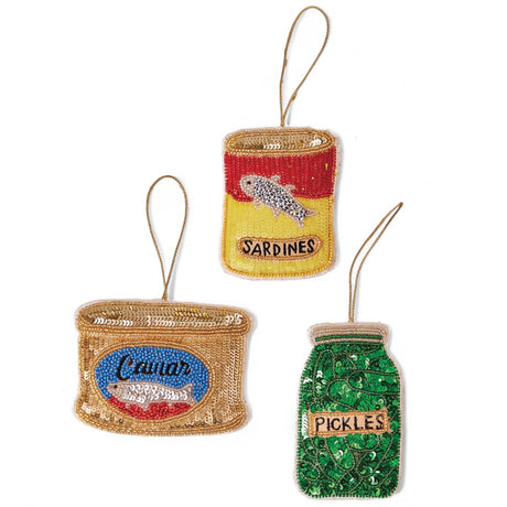 Handmade beaded fabric ornaments in caviar, sardines, and pickles styles