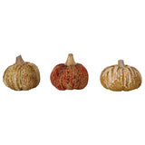 Three handmade chenille pumpkins with mango wood stems in assorted fall colors