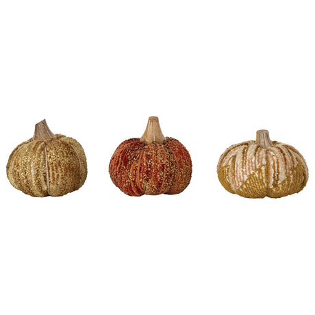 Three handmade chenille pumpkins with mango wood stems in assorted fall colors