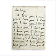 Handmade crackled wall tarp with “Darling, I Love You” quote, frayed edges, and distressed finish
