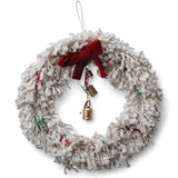 18" handmade ivory yarn wreath with red bow, ribbons, and bells