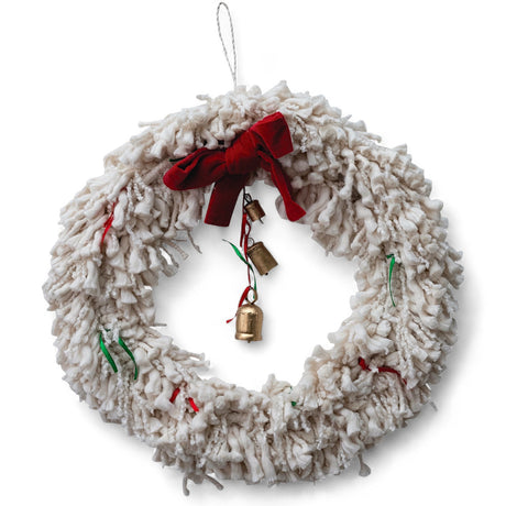 18" handmade ivory yarn wreath with red bow, ribbons, and bells