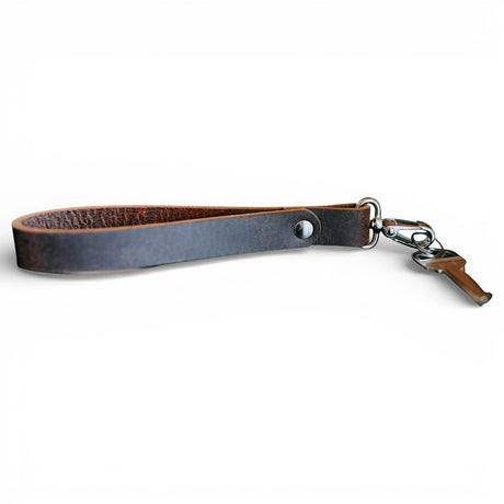 Handmade leather loop keychain with nickel snap luggage clasp made in Ohio