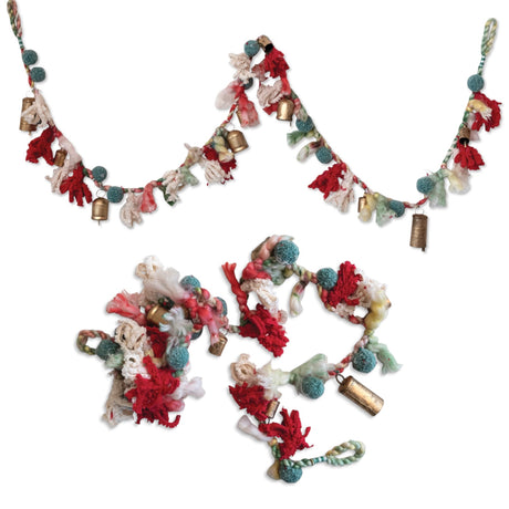 Handmade wool and cotton garland with pom poms and antique gold bells, 72 inches long