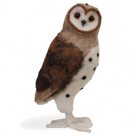 Handmade wool felt barn owl in brown, 9.5 inches tall