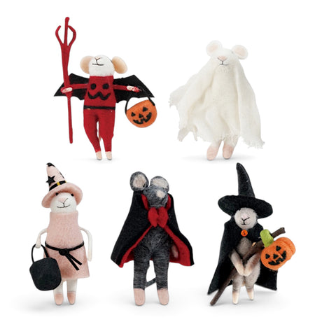Handmade wool felt Halloween mice in devil, ghost, witch, and vampire costumes