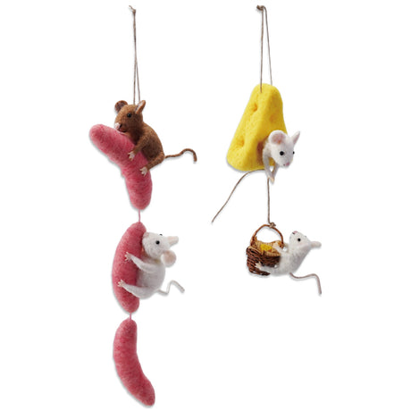 Handmade wool felt mice ornaments on sausage or cheese