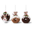 Three wool felt mouse ornaments with brown doughnuts, white frosting, green holly leaves, and red berries in assorted poses
