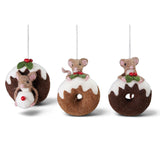Three wool felt mouse ornaments with brown doughnuts, white frosting, green holly leaves, and red berries in assorted poses
