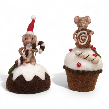 Handmade wool felt mouse figurine on festive cake 6.25 inches tall