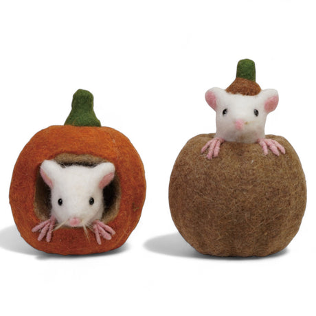 Handmade wool felt pumpkin with mouse, fall and Halloween décor, 4" x 5.5", two styles available