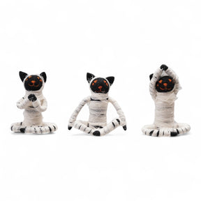 Handmade fabric and wool felt yoga cat in mummy costume
