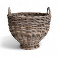 Handwoven rattan footed basket with handles in a natural finish, measuring 15.75 inches round and 16 inches high.