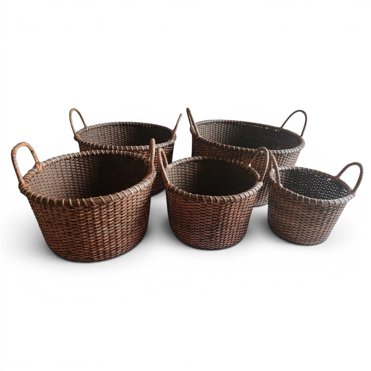Handwoven rattan produce basket with handles for kitchen storage, countertop organization, and farmhouse décor