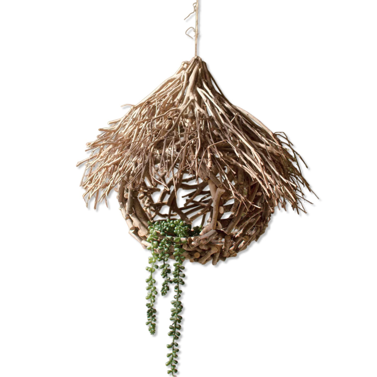 rustic hanging twig birdhouse planter with natural thatch roof for garden or porch decor